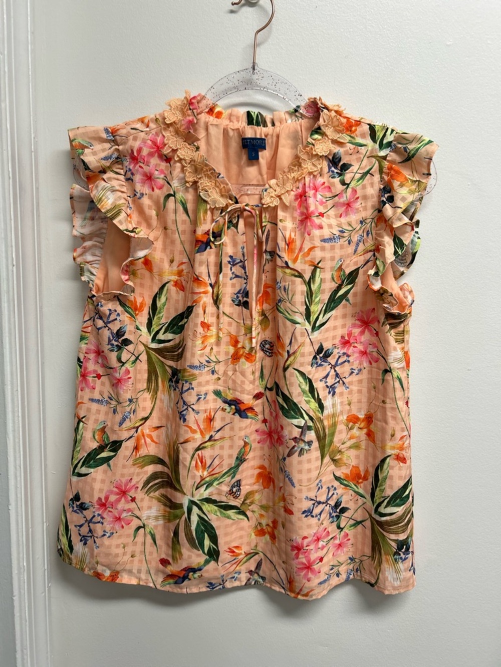 Orange Tropical Birds & Butterflies Ruffle Sleeve Blouse with Lace Flower trim